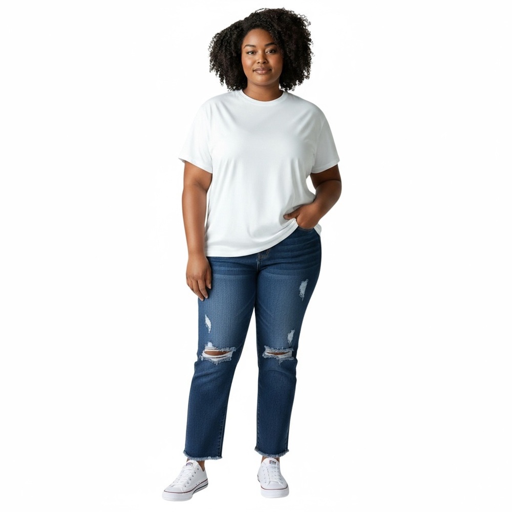 a.n.a Women's 22W Mid Rise Ankle Straight Jeans Distressed Raw Hem Blue